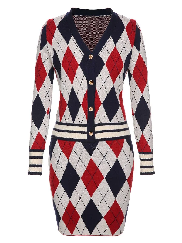 2PCS 1960s V-Neck Plaids Knitted Cardigan & Skirt Real Fur Shearling Chenille