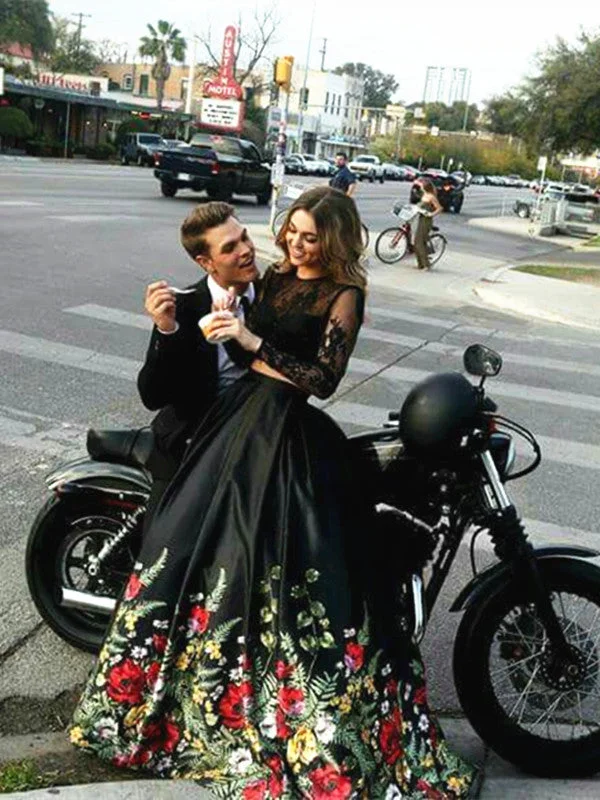 Custom Made 2 Pieces Long Sleeves Black Lace Prom Dress, 2 Pieces Black Lace Formal Dress Custom Made 2 Pieces Long Sleeves Black Lace Prom Dress, 2 Pieces Black Lace Formal Dress