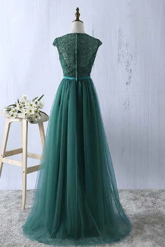 Scoop Tulle & Lace With Sash A Line Sweep Train Prom Dresses