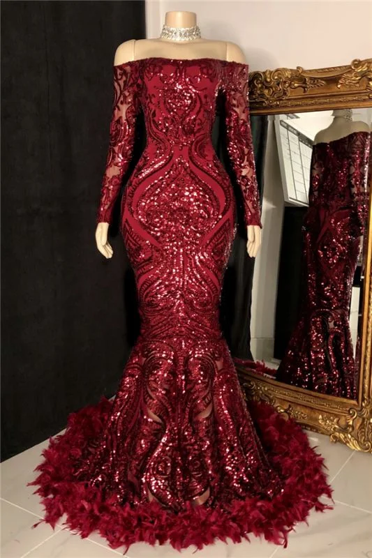 Off The Shoulder Burgundy Prom Dresses with Feather Long Sleeve Sparkle Lace Mermaid Evening Gowns cg24347 Off The Shoulder Burgundy Prom Dresses with Feather Long Sleeve Sparkle Lace Mermaid Evening Gowns cg24347