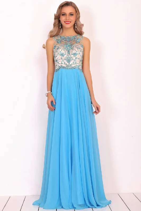 Sexy Open Back Prom Dresses A Line Scoop Chiffon With Beading