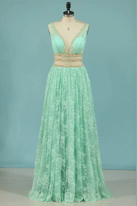 Soft Lace Evening Dresses A-Line V-Neck Floor-Length With Beading