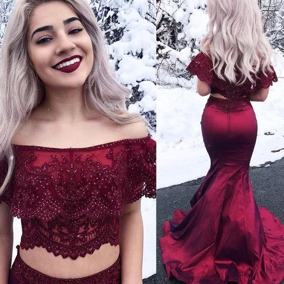 Two Piece Off-the-Shoulder Dark Red Satin Prom Dress with Lace Beading ,burgundy prom dress cg459 Two Piece Off-the-Shoulder Dark Red Satin Prom Dress with Lace Beading ,burgundy prom dress cg459