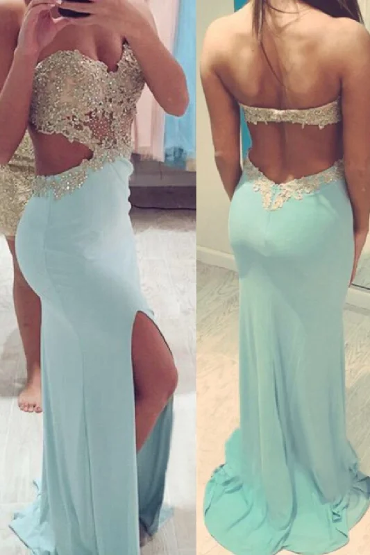 Sexy Prom Dresses Sheath With Slit And Applique Sweep Train Spandex