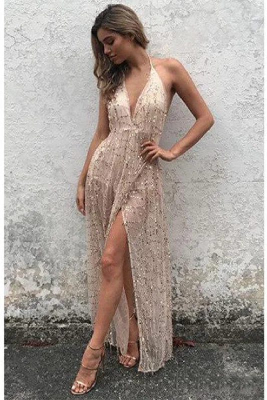 Sexy Halter Lace Prom Dresses V Neck Formal Dress With Slit Evening Dress