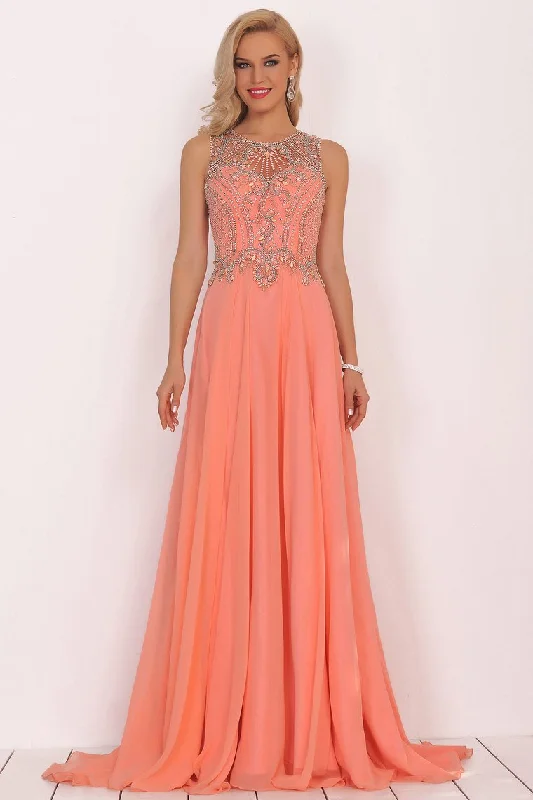 Sexy Open Back Scoop Prom Dresses With Beading Chiffon