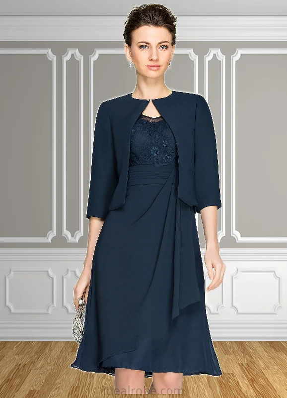 Gill A-Line V-neck Knee-Length Chiffon Lace Mother of the Bride Dress With Cascading Ruffles STK126P0014695 Gill A-Line V-neck Knee-Length Chiffon Lace Mother of the Bride Dress With Cascading Ruffles STK126P0014695