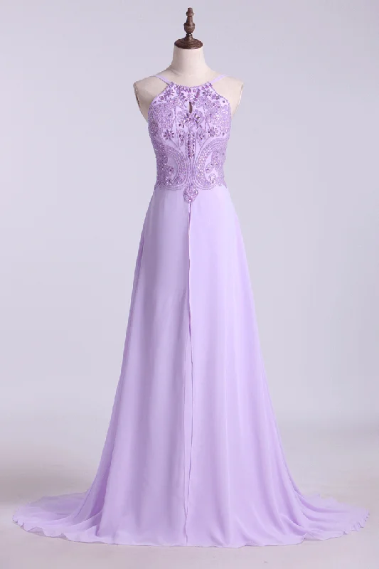 Spaghetti Straps Beaded Bodice A-Line Chiffon Prom Dresses New
