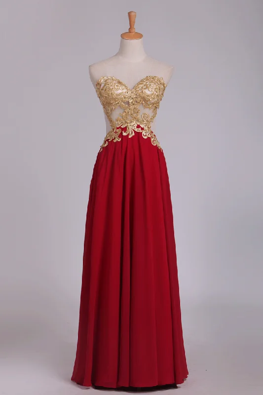 Sexy Open Back Sweetheart With Applique Chiffon Prom Dresses A Line