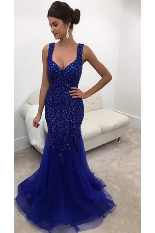 Sexy Open Back Straps Beaded Bodice Prom Dresses Mermaid Tulle
