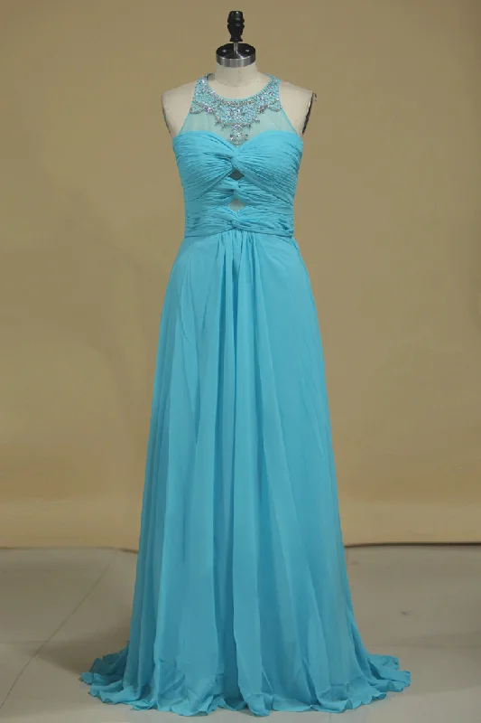 Scoop With Beads And Ruffles Prom Dress A Line Chiffon Open Back