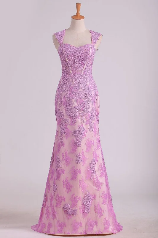 See-Through Lace & Tulle Straps Prom Dresses Sheath With Beading And Applique