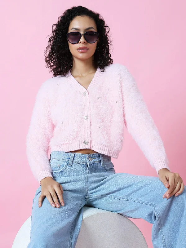 Women Solid Pink Crop Cardigan-109-Pink Cardigan Knitwear Sweater