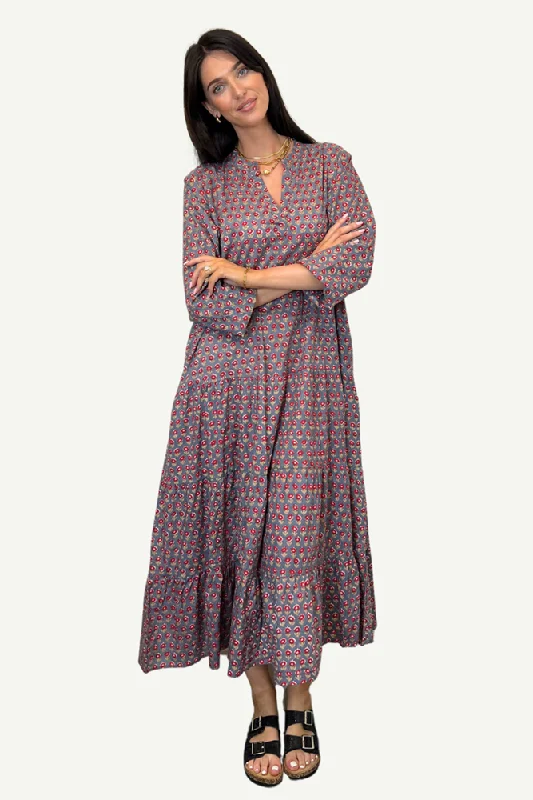 Grey Violet V Neck Ditsy Floral Cotton Dress