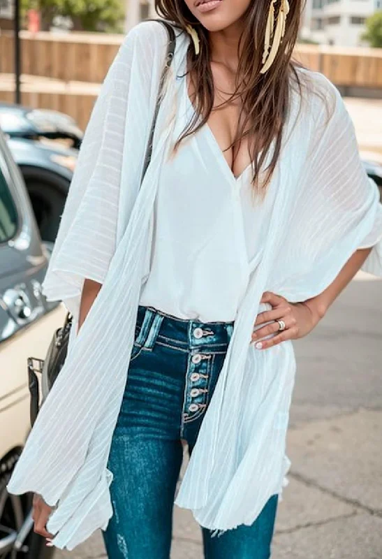 Minimalist White in Thin Section Striped Short Sleeve Bikini Cardigan Tailored Straight A-Line Minimalist White in Thin Section Striped Short Sleeve Bikini Cardigan Tailored Straight A-Line