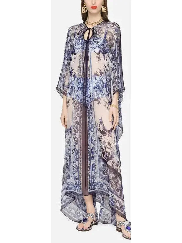 Majolica-Print Chiffon Kaftan Dress with Under Bralette Cropped Tank Top and Short Set relaxed fit tank