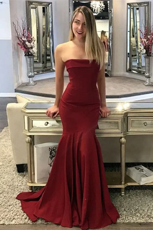 Mermaid Strapless Sleeveless ,Sweep Train, Burgundy Prom Dress ,Long Prom Dress cg15296 Mermaid Strapless Sleeveless ,Sweep Train, Burgundy Prom Dress ,Long Prom Dress cg15296