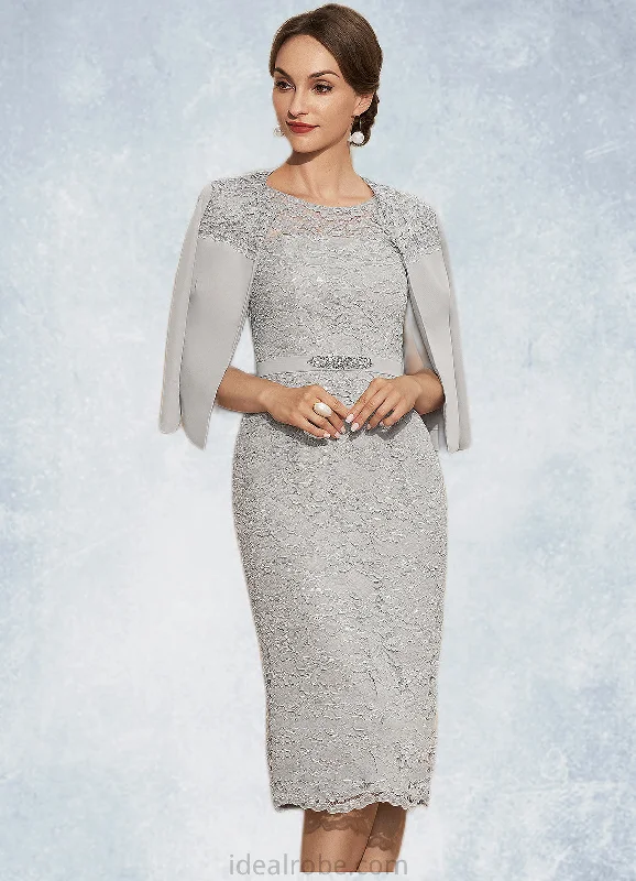 Mira Sheath/Column Scoop Neck Knee-Length Chiffon Lace Mother of the Bride Dress With Beading STK126P0014605
