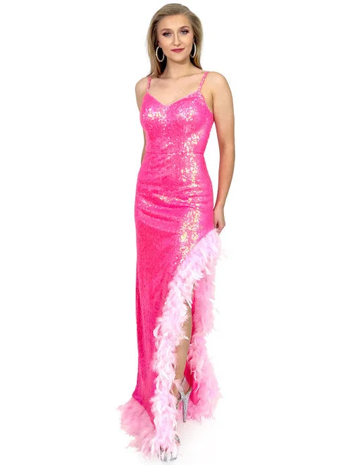 Marc Defang 8221 Long Fitted Sequin High slit feather formal Dress Prom Pageant