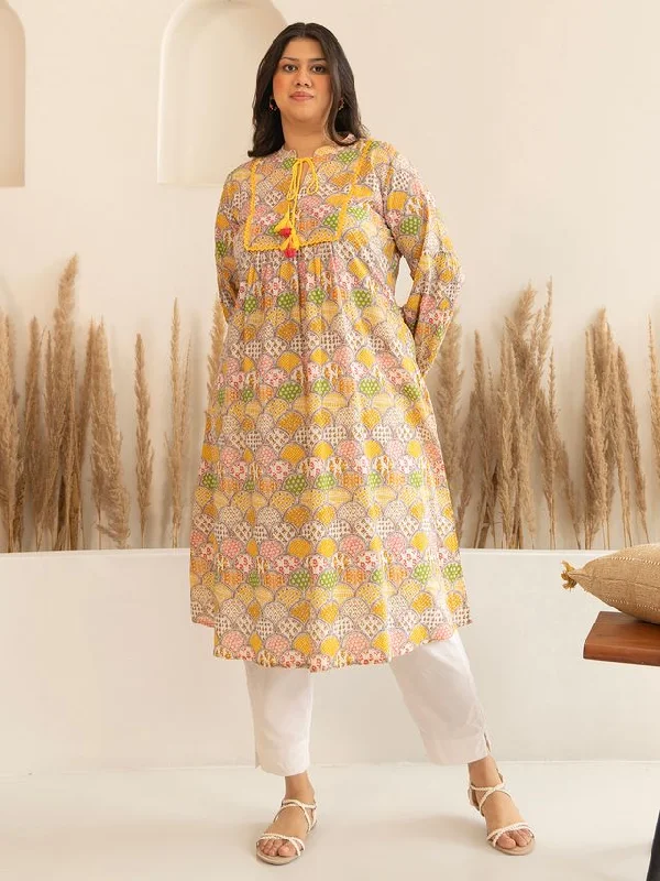 [Ready SG Stock] Plus Size Multicolor Cotton Ethnic Motifs A-Line Casual Only Kurta for Women with Bishop Sleeves [ Indian Dresses ]
