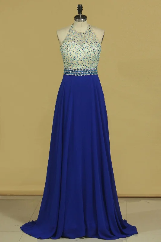 Sexy Open Back Halter Beaded Bodice A Line Chiffon Sweep Train Prom Dresses