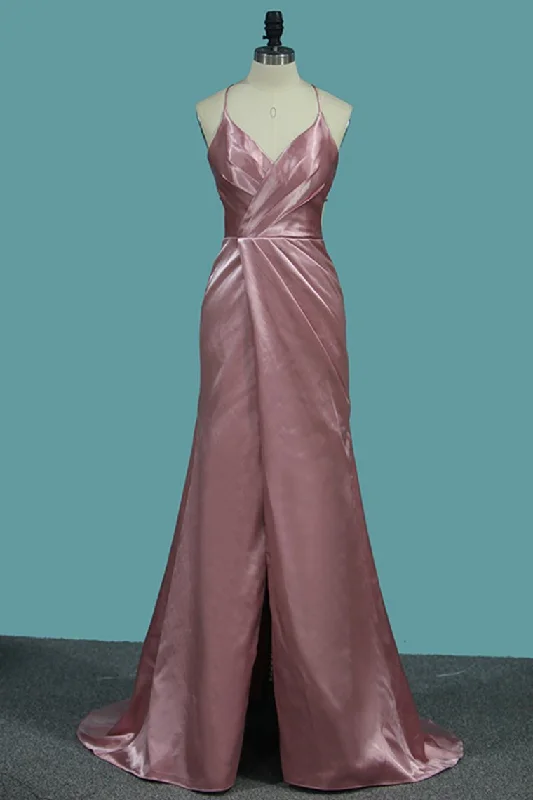 Sexy Open Back Spaghetti Straps Elastic Satin Prom Dresses With Ruffles And Slit
