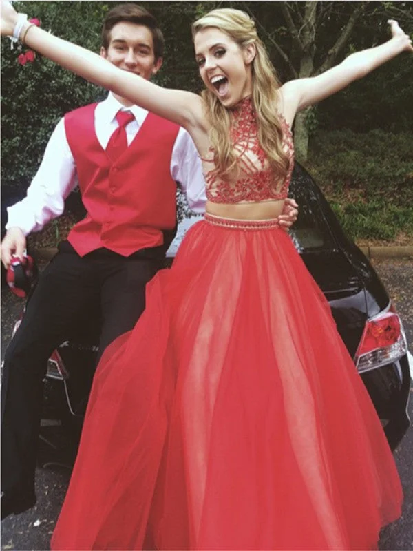Custom Made High Neck 2 Pieces Long Red Prom Dress, 2 Pieces Lace Red Formal Dress