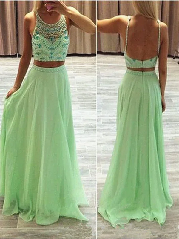 Custom Made 2 Pieces Round Neck Green Prom Dresses, 2 Pieces Formal Dresses