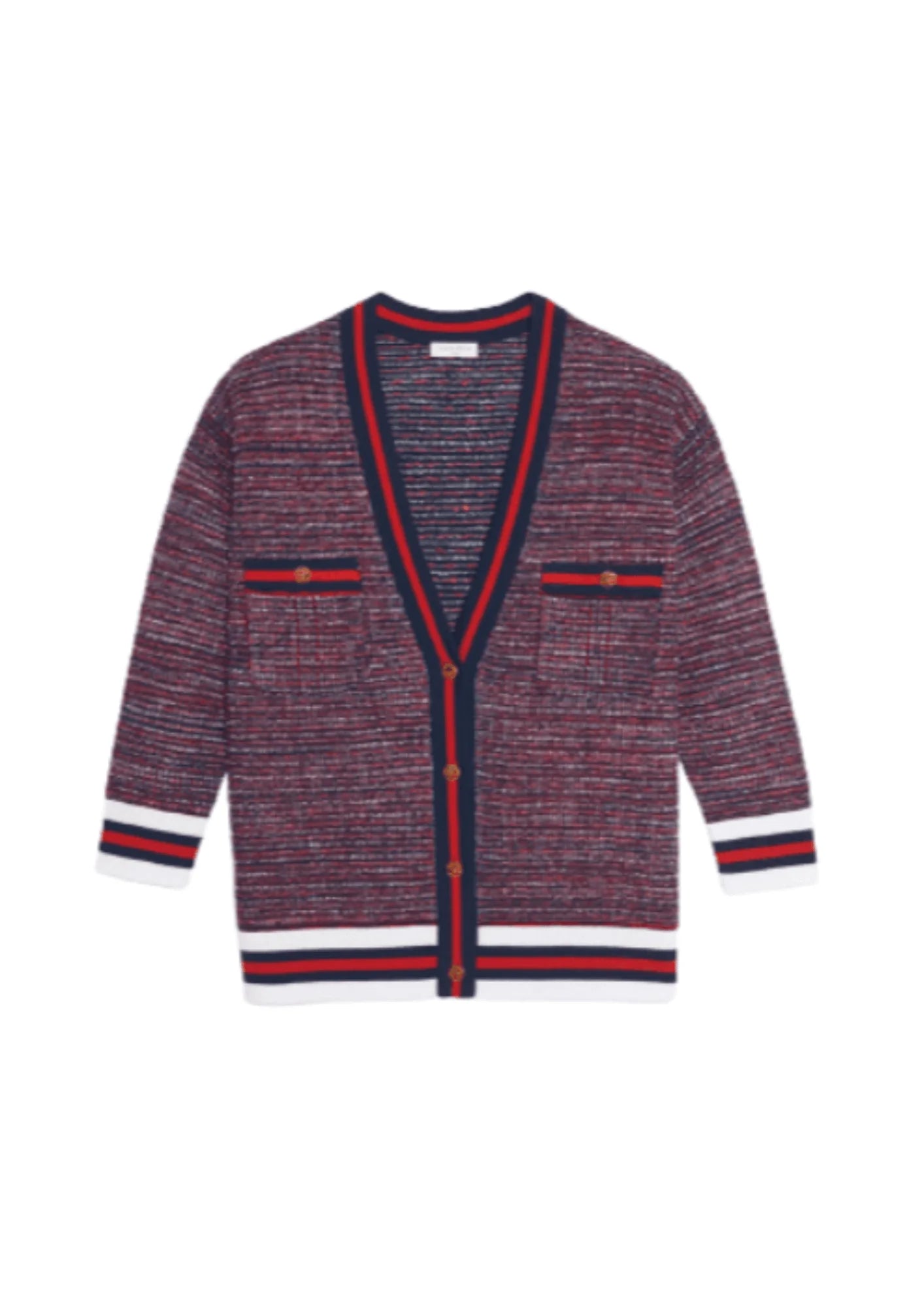 RED TWEED-EFFECT CARDIGAN Notch Collar Peter Pan Collar Cowl Neck