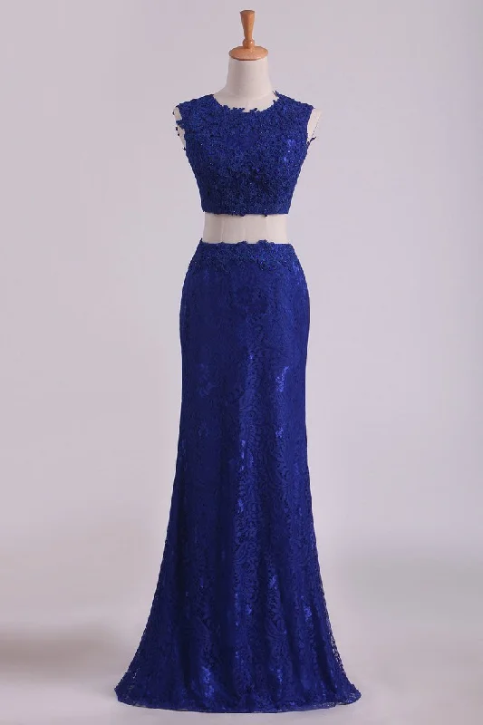 Sheath Open Back Two Pieces Prom Dresses Lace With Applique & Beading Dark Royal Blue