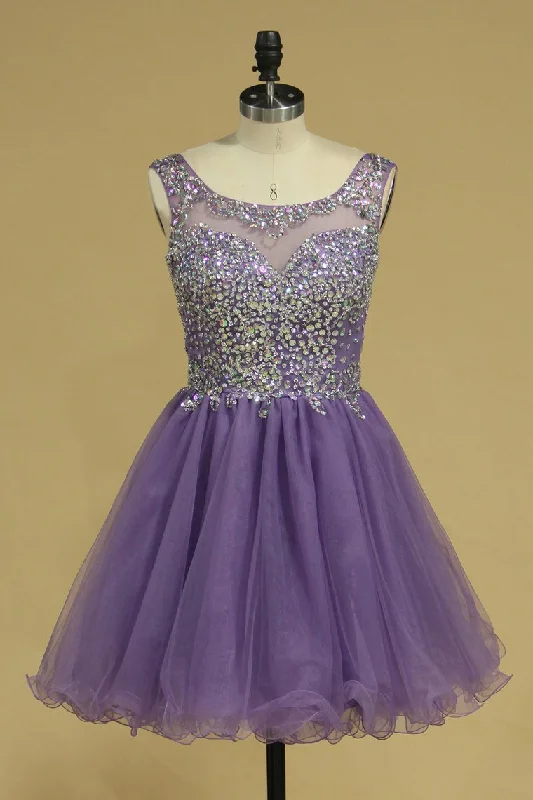 Short/Mini Homecoming Dresses A Line Scoop Beaded Bodice Tulle