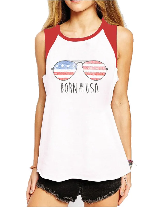 4th & Rose Born In The USA White & Red Raglan Muscle Tank scoop neck tank