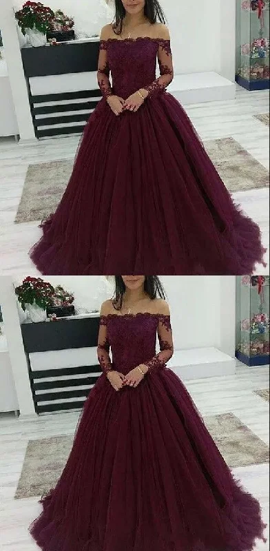 Burgundy Prom Dresses Off The Shoulder Lace Applique Long Sleeves Tulle Evening Dress    cg16824