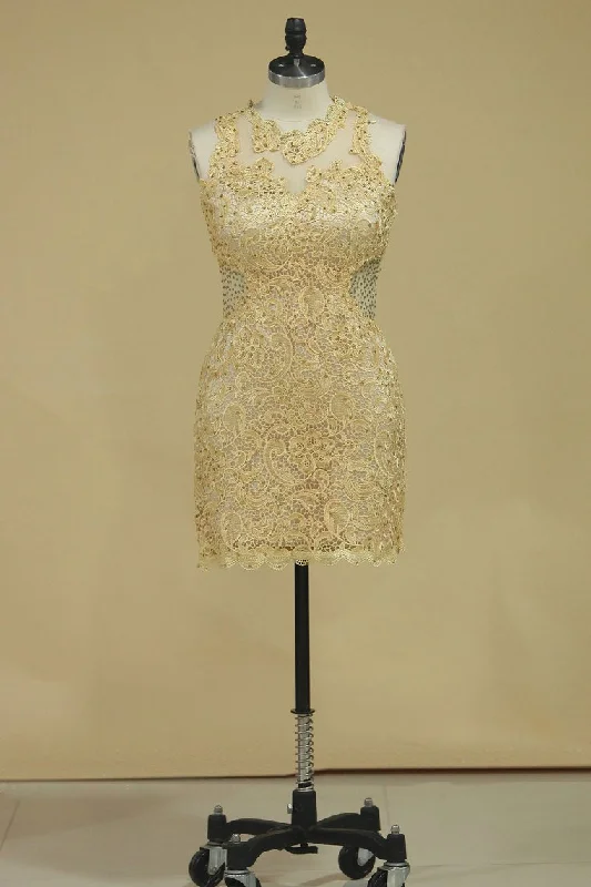 Scoop With Applique Sheath Prom Dresses Lace Short/Mini