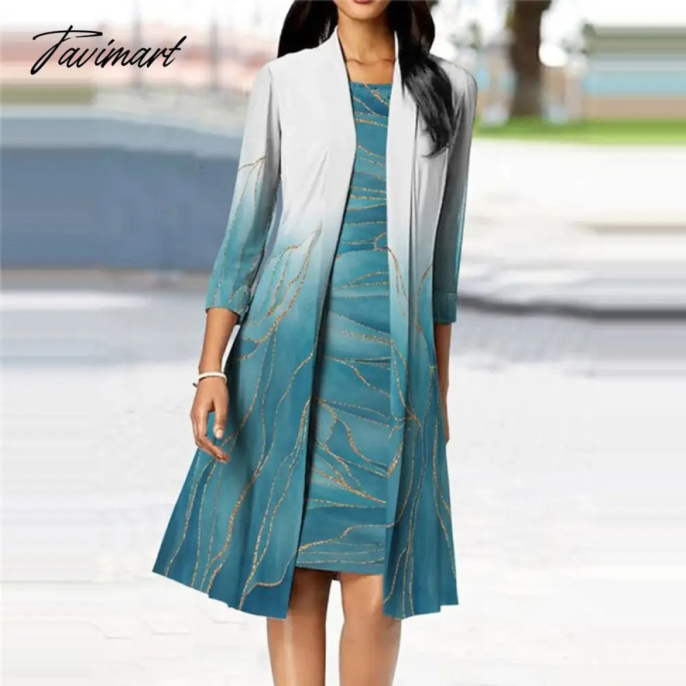 Tavimart Women Elegant Cardigan Long Tops + O-Neck Pullover Dresses Suits Autumn New Harajuku Gradient Printed Jacket Dress Two Piece Set Hooded Caped Shawl Collar