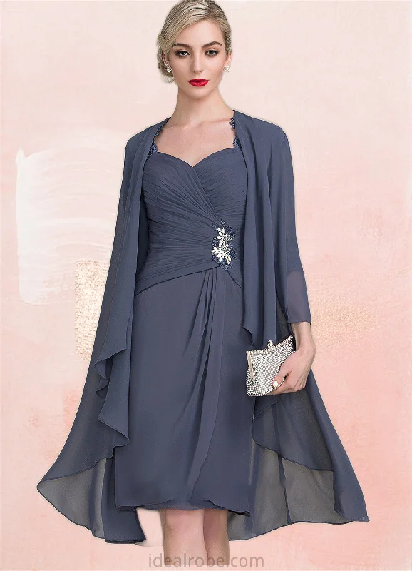Angelina Sheath/Column Sweetheart Knee-Length Chiffon Mother of the Bride Dress With Ruffle Beading Appliques Lace Sequins STK126P0014572