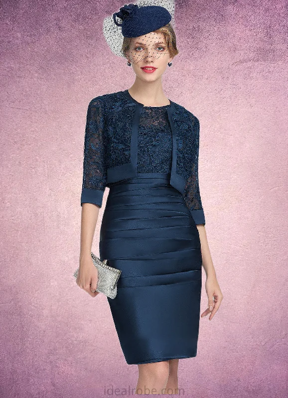 Lucy Sheath/Column Scoop Neck Knee-Length Satin Lace Mother of the Bride Dress With Ruffle STK126P0014693 Lucy Sheath/Column Scoop Neck Knee-Length Satin Lace Mother of the Bride Dress With Ruffle STK126P0014693
