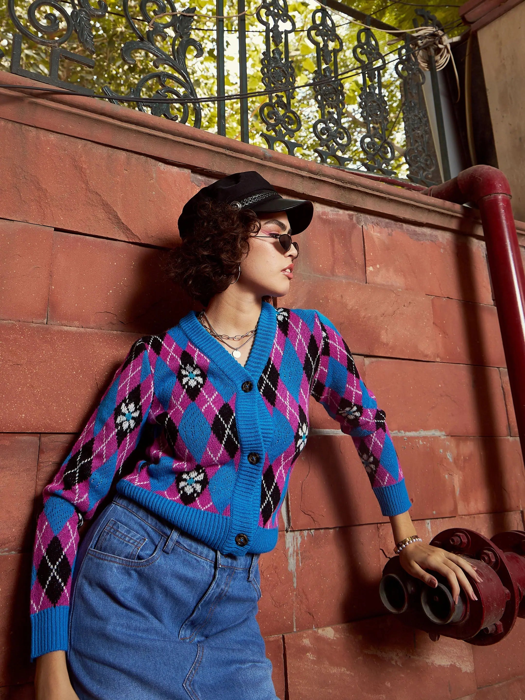 Women Blue Geometric Front Open Wool Cardigan Layered Multi-layer Single Layer