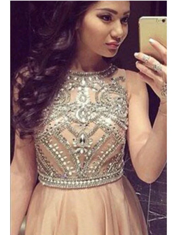Custom Made A Line Round Neck Sleeveless Long Champagne Prom Dresses, Long Formal Dresses