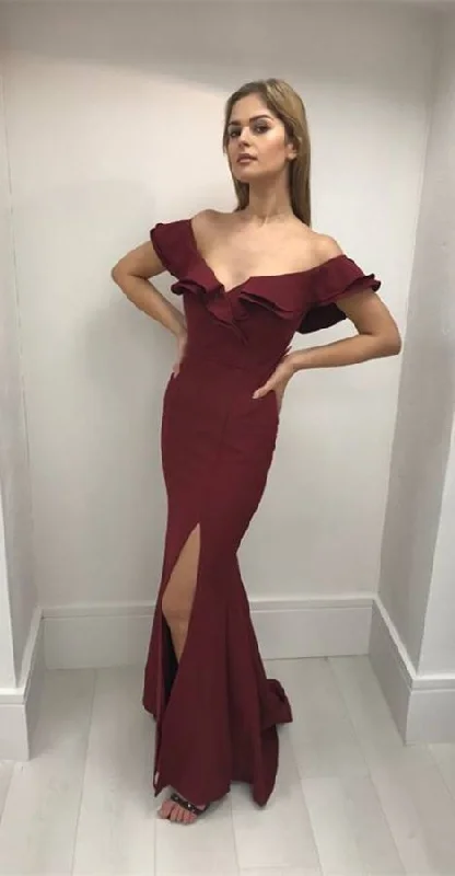 Mermaid Off-the-Shoulder, Burgundy Prom Dress, with Split Ruffles, Long Prom Dress With flouncing ,Evening Gowns cg5250 Mermaid Off-the-Shoulder, Burgundy Prom Dress, with Split Ruffles, Long Prom Dress With flouncing ,Evening Gowns cg5250