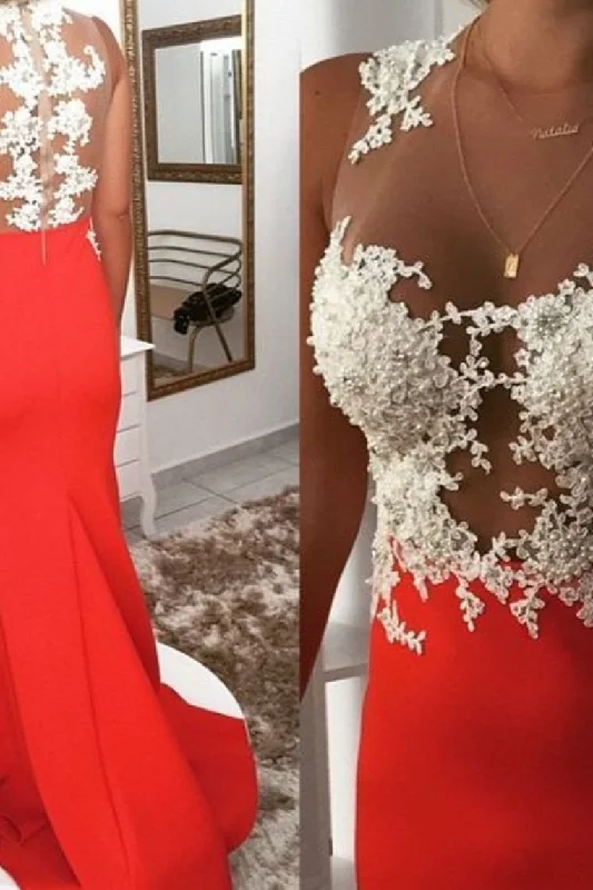 Sexy Scoop Neck Prom Dresses With Appliques And Beadings Zipper Up Spandex