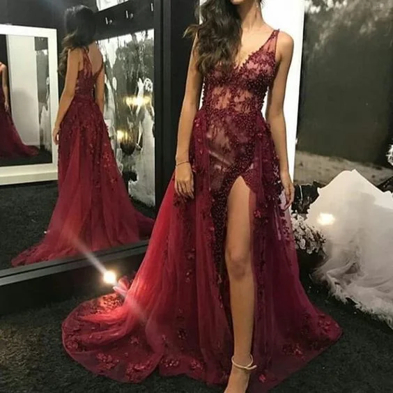 burgundy prom dresses deep v neck lace pearls beaded side slit lace evening dresses cg11606 burgundy prom dresses deep v neck lace pearls beaded side slit lace evening dresses cg11606