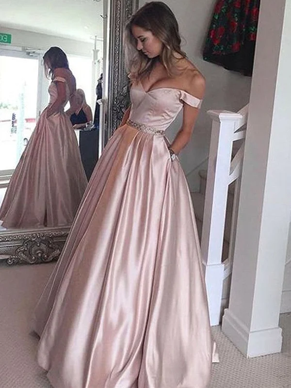 Elegant Off shoulder Floor Length Pink Satin Prom Dress, Off Shoulder Formal Dress, Graduation Dress