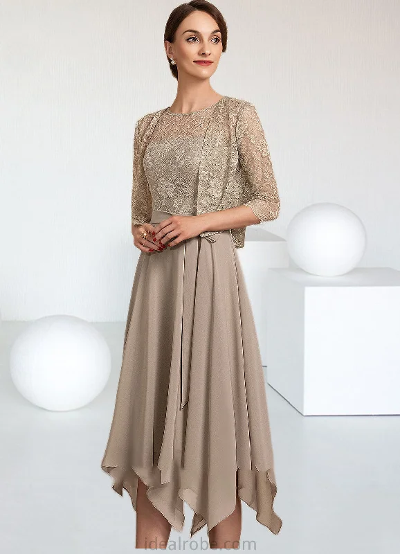 Sherlyn A-Line Scoop Neck Tea-Length Chiffon Lace Mother of the Bride Dress With Bow(s) STK126P0014681 Sherlyn A-Line Scoop Neck Tea-Length Chiffon Lace Mother of the Bride Dress With Bow(s) STK126P0014681