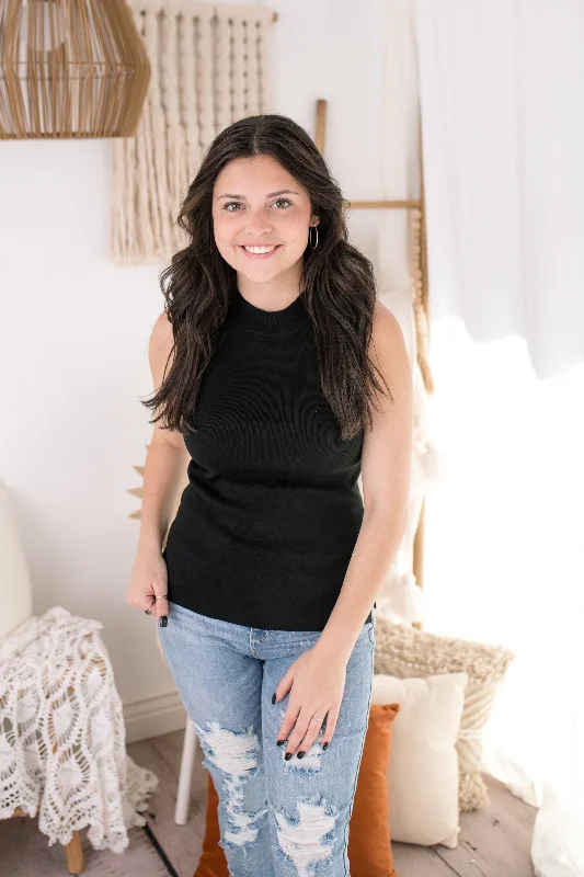 Valeria Black Mock Neck Knit Tank Top cropped tank top