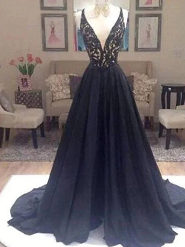 Custom Made V Neck Sweep Train Long Black Lace Prom Dress, Black Long Lace Formal Dresses Custom Made V Neck Sweep Train Long Black Lace Prom Dress, Black Long Lace Formal Dresses