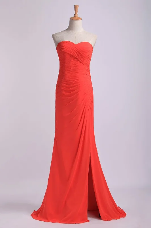 Sheath/Column Prom Dresses Sweetheart Chiffon With Slit And Ruffles Floor Length