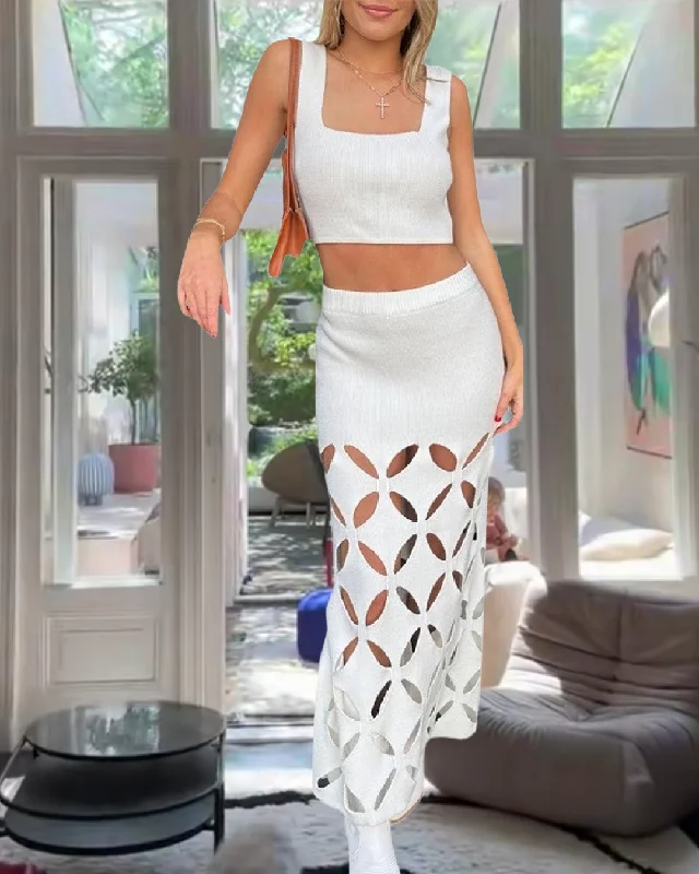 Women Summer 2 Piece Knitted Sets Tank Tops and Elastic Cutout Long Skirt metallic tank top