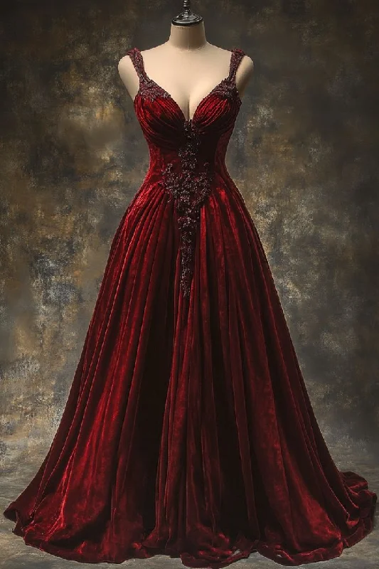 A Line Velvet Burgundy Prom Dresses Evening Formal Dress    cg25310