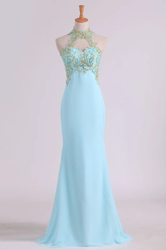 Sheath Open Back High Neck Chiffon With Applique And Beads Prom Dresses